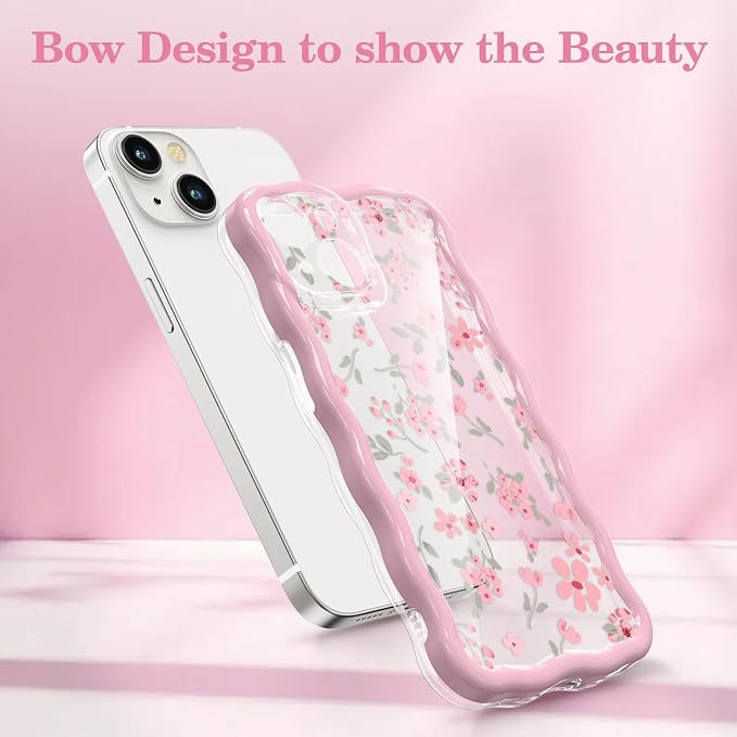 QLTYPRI for iPhone 15 Pink Flower Case, Clear Cute Pink Floral Flower Phone Case Curly Wavy Aesthetic Phone Cover, Soft Slim Transparent TPU Shockproof Protective Cover for Women Girls - Pink - Image 2