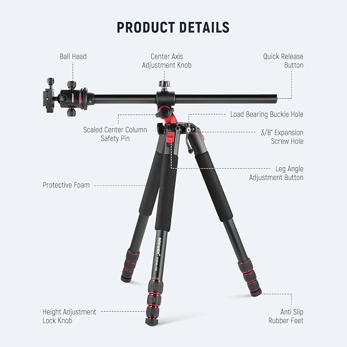 NEEWER 79 inch Camera Tripod Monopod with Center Column and Ball Head Aluminum, Arca Type QR Plate, Bag, Horizontal Tripod Overhead Camera Mount for DSLR Camera, Video Camcorder, Max Load: 33lb - Image 9