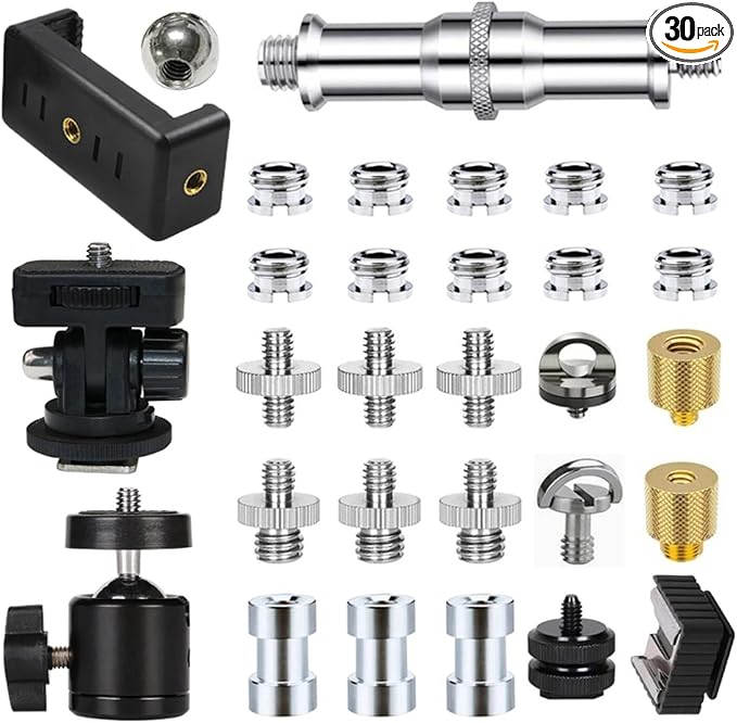 30Pack Camera Tripod Screw Mount Kit 1/4 to 3/8 Inch Adapter Threaded Converter 1/4" Swivel Ball Head and Hot Shoe E Clip for DSLR/Monopod/Flash Light/Quick Release Plate by NeucomBBT