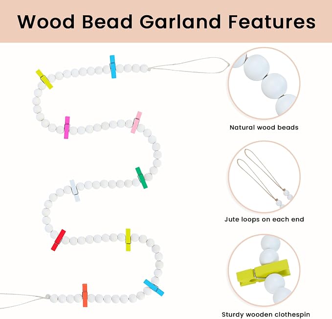 KLOGTSIND Hanging Photo Display with Clips, Wood Bead Garland Wall Decor | Photo String Banner with 10 Clips for Bedroom Room Dorm Cubicle, Picture Cards Artwork Display, Christmas Teen Girls Gifts - Image 5