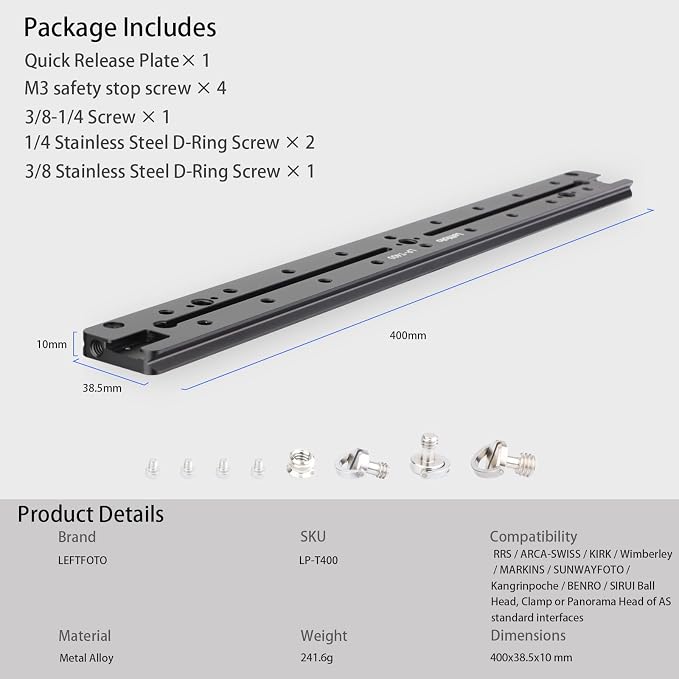 LEFTFOTO 400mm Lengthened Quick Release Double Dovetail Slide Rail Universal QR Plate, with ARRI Locating Hole, 1/4" & 3/8" Threads, Cold Shoe - for DSLR Camera Tripod Ballhead - Image 6