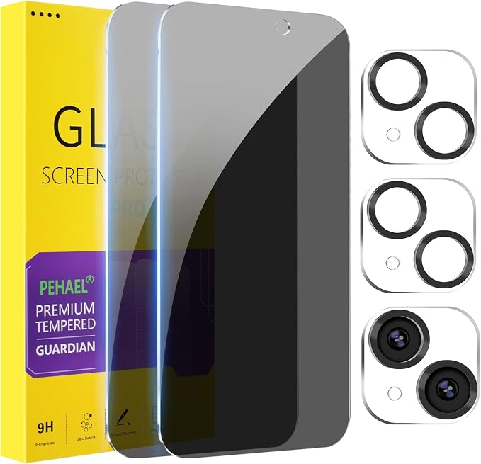 PEHAEL for iPhone 15 Plus Privacy Screen Protector+Camera Lens Protector | Installation kits, Anti-Spy Private, Anti-Scratch, 9H Tempered Glass, Case Friendly, 2+2 Pack, [6.7 inch] by PEHAEL