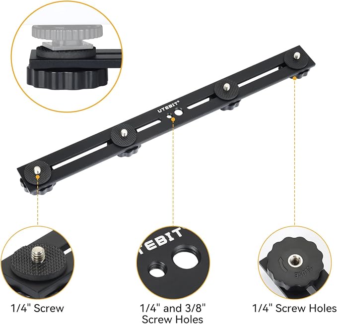 13 inch Flash Bracket, Long Dual Camera Mount with 1/4“ Hot Shoe | Flash Bracket Extension Bar, Straight Flash Brackets 1/4-3/8 Thread Hole Tripod Mount for Camera/LED Light/Microphone - Image 3
