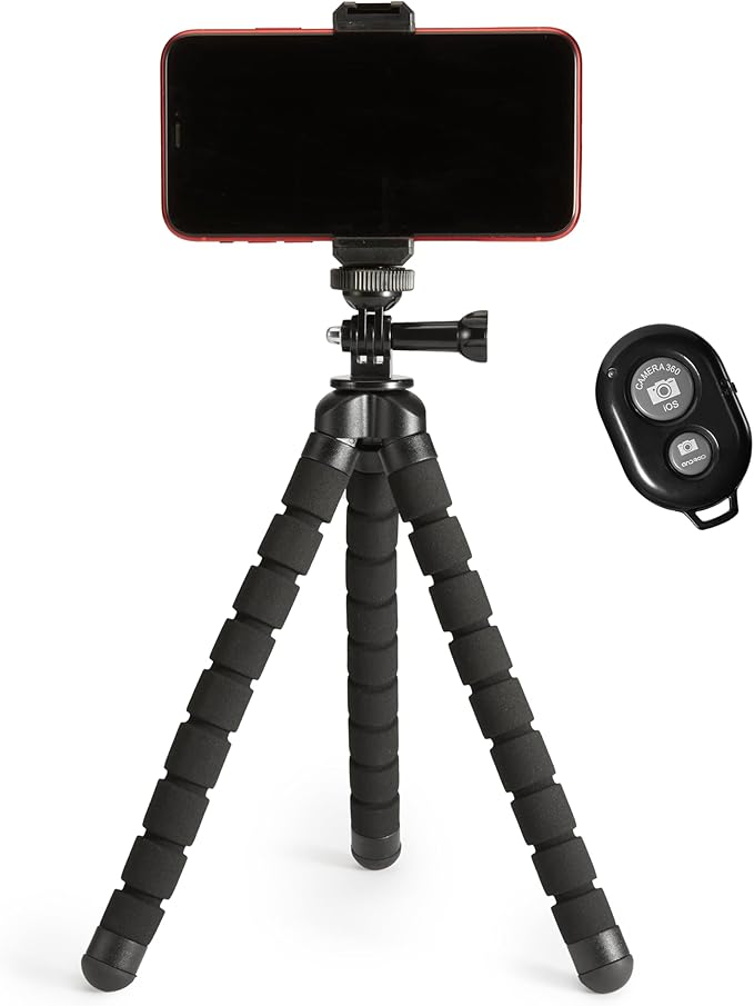Amazon Basics Portable and Flexible Tripod with Wireless Remote and Smartphone Clamp, 10-inch, Black by AmazonBasics