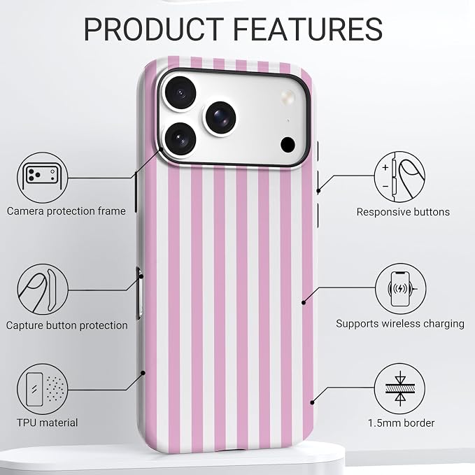 TPU Phone Case for iPhone 17 Pro, MagSafe Wireless Charging Compatible, Shockproof Slim Fit Protective Cover with Anti-Yellowing & Raised Camera Protection (Pink Stripe, iPhone 17 Pro(6.3")) - Image 4