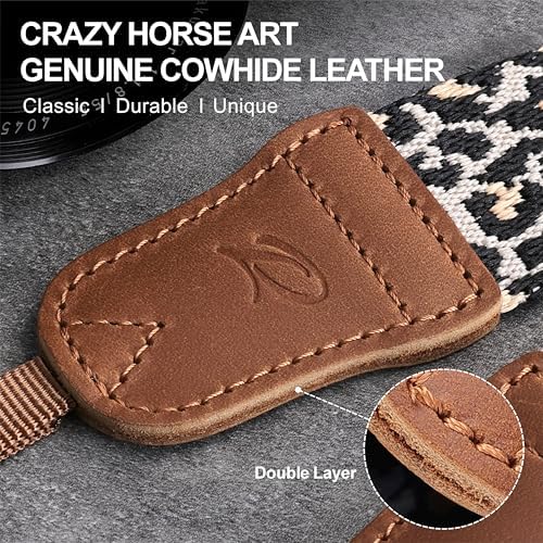 Padwa Lifestyle Camera Strap - 1.5" Crazy Horse Cowhide Head Cotton Strap,Vintage Embroidery Camera Straps for Photographers and All Cameras,Cute Adjustable Shoulder Neck Strap for Adults & Kids - Image 2