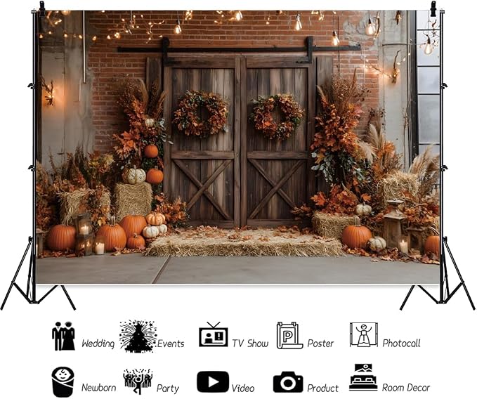 10x8ft Fall Thanksgiving Backdrop Pumpkins Autumn Harvest Pumpkins Barn Photography Background Hay Maple Leaves Birthday Party Decorations Banner Photo Booth Props - Image 6