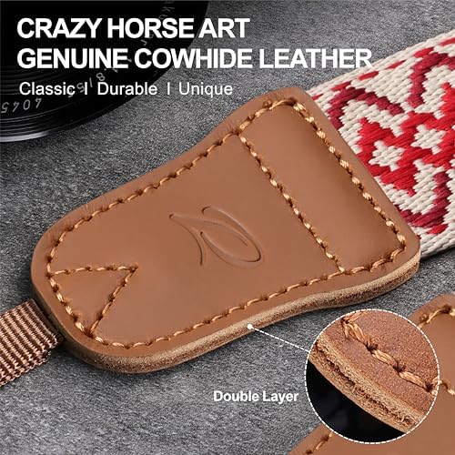 Padwa Lifestyle Camera Strap - 1.5" Crazy Horse Cowhide Head Cotton Strap,Vintage Embroidery Camera Straps for Photographers and All Cameras,Cute Adjustable Shoulder Neck Strap for Adults & Kids - Image 4