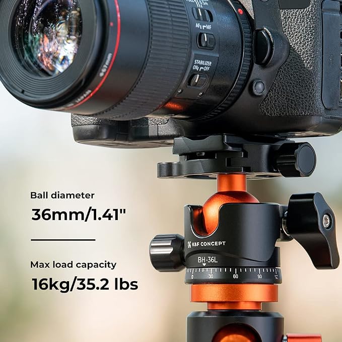 K&F CONCEPT 36mm Metal Tripod Ball Head 360 Degree Rotating Panoramic with 1/4 inch Quick Release Plate Bubble Level for Monopod Camera Camcorder Load Capacity up to 35.2 lbs/16KG | 3/8" Screw Head, 1/4" Quick Plate, Adapter, for Tripod/Camera - BH36L - Image 3