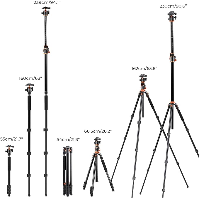 K&F CONCEPT 90''/230cm Ultra High Horizontal Overhead Camera Tripod | Metal Ball Head, 10KG Load Capacity, Detachable Monopod, Flexible Shooting DSLR Travel Video Tripods T254A7+BH-28L - Image 6
