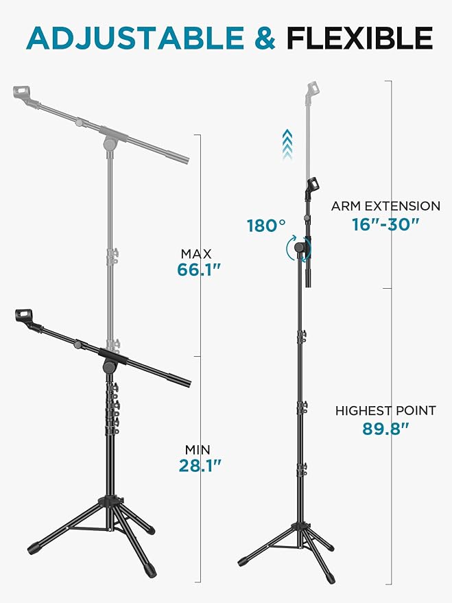 InnoGear Mic Stand Tripod Boom Arm Floor Microphone Stand Height Adjustable | Fast Assembly, Carrying Bag Included, Max Height 89.8", Work with Blue Yeti Shure Fifine, Heavy Duty, for Singing Podcast - Image 3