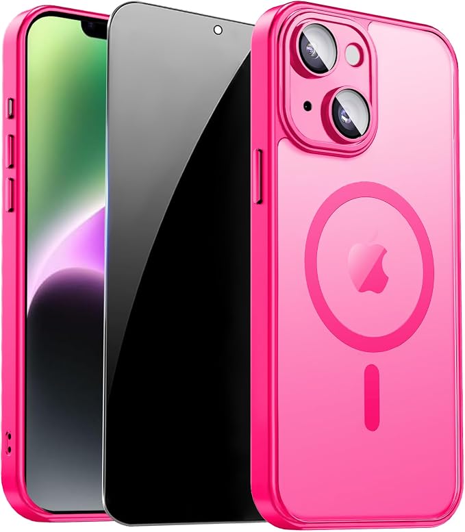 for iPhone 14 Case with Privacy Screen Protector, Hot Pink | Full Camera Protection, Translucent Matte Magnetic, Compatible with MagSafe, Shockproof Phone Cover, Slim Fit Women/Girls by ZOZDOKG