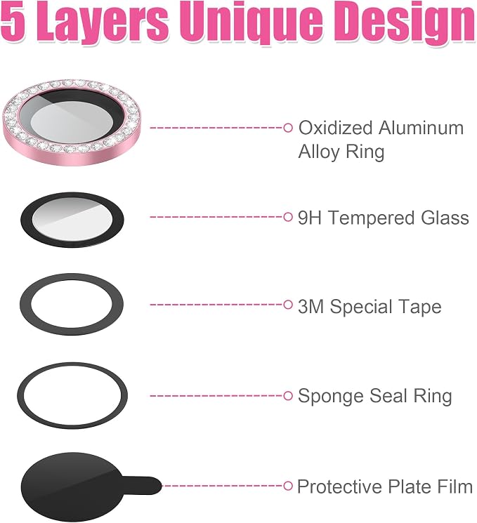 AGVEE 3+3 6 Pack for iPhone 12 Pro Max Camera Lens Protector Cover | Individual Bling Diamond & Bling Glitter Sparkle Cute Gem Metal Ring, 9H Tempered HD Glass - Image 7