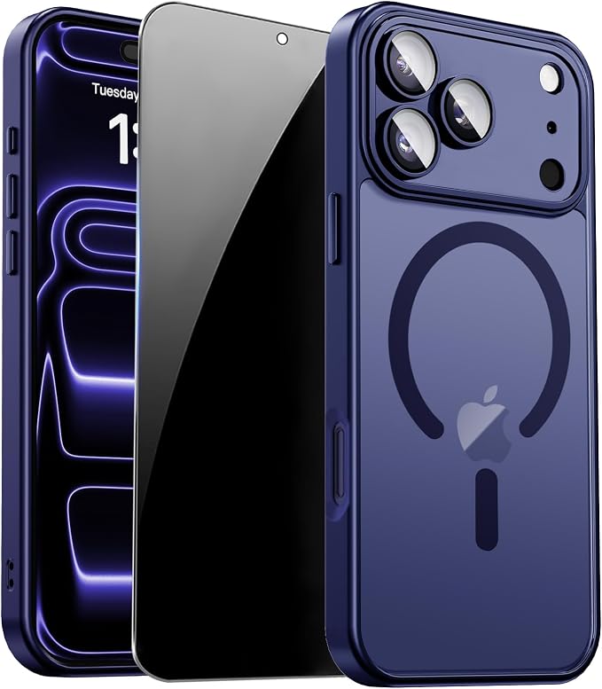 Magnetic for iPhone 17 Pro Case with Privacy Screen Protector, Blue | Full Camera Protection, Compatible with MagSafe, Translucent Matte Shockproof Phone Protective Cover for iPhone 17Pro by ZOZDOKG