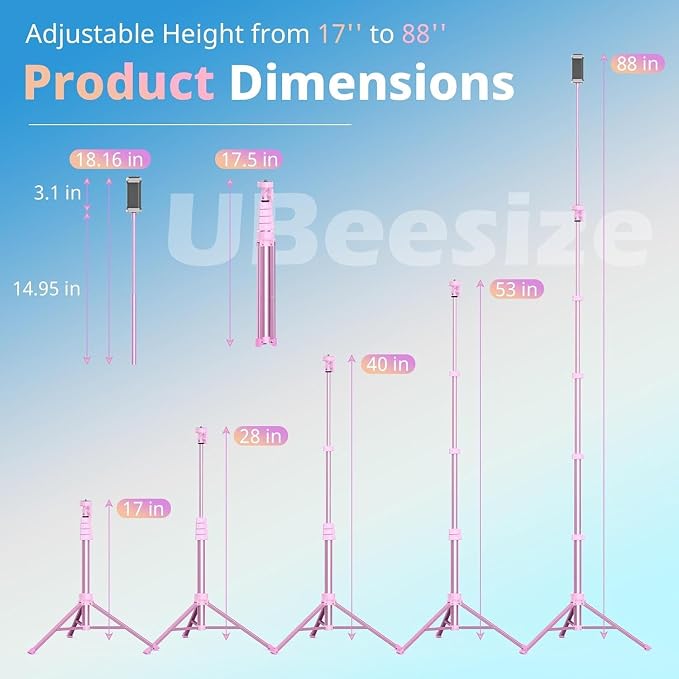 UBeesize 88’’ Flexible Phone Tripod with 14.95’’ Gooseneck, Remote and Phone Holder, Overhead Cell Phone Stand＆Selfie Stick for Video Recording, Compatible with iPhone Android Phone, Camera Pink - Image 2