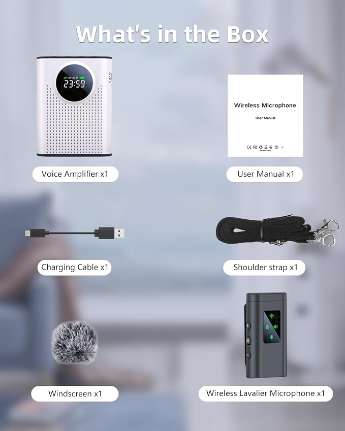 S67 Rechargeable Voice Amplifier Wireless Microphone for Teachers Classroom, Mini Lavalier Lapel Mic Clip Magnetic, Portable Bluetooth Speaker with LED Display for Class, Tour Guide, White - Image 7