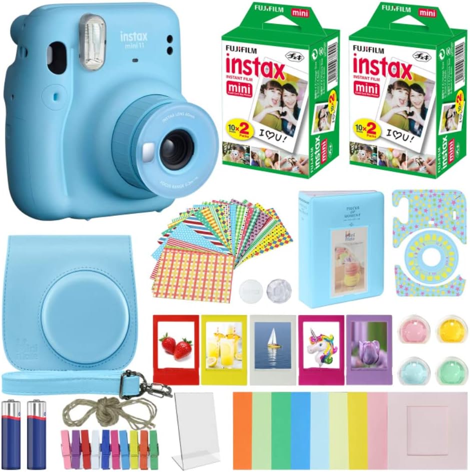 Fujifilm Instax Mini 11 Instant Camera Sky Blue + MiniMate Accessories Bundle + Fuji Instax Film Value Pack (40 Sheets) Accessories Bundle, Color Filters, Album, Frames by FUJIFILM