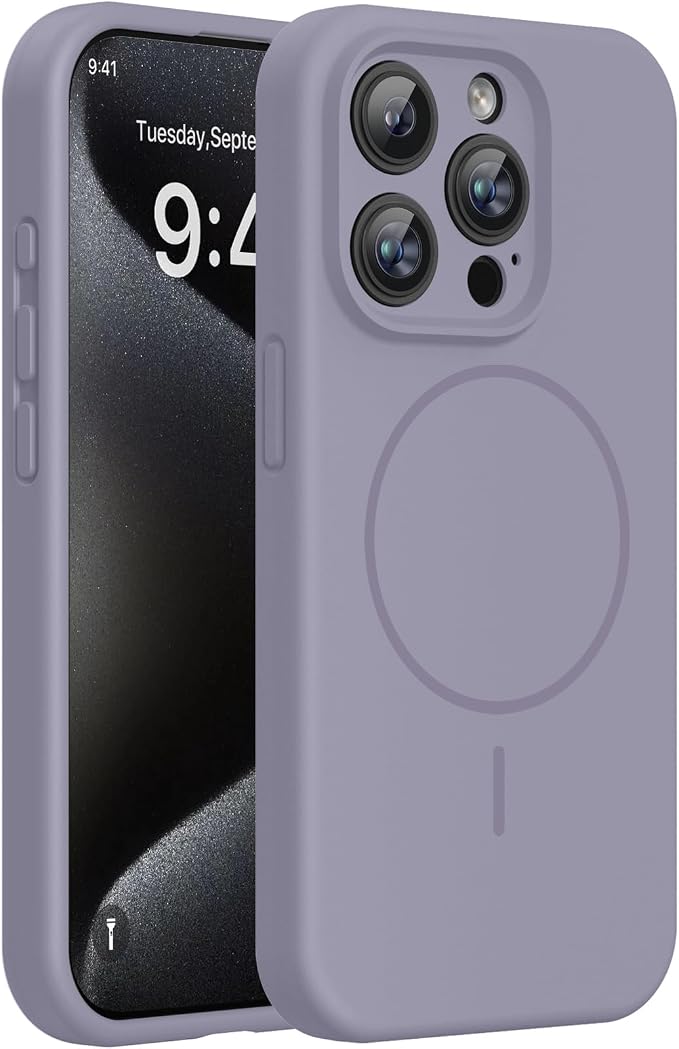 miracase Magnetic for iPhone 15 Pro Max Case, [Soft Anti-Scratch Microfiber Lining], Compatible with MagSafe, Liquid Silicone Case Shockproof Drop Protection Phone Case for 15 ProMax, Lavender Gray by Miracase