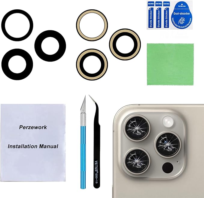 OEM Back Rear Camera Lens Glass Replacement for iPhone 15 Pro 6.1 inches with pre-Installed Adhesive and Reparing Toolkit by Perzework