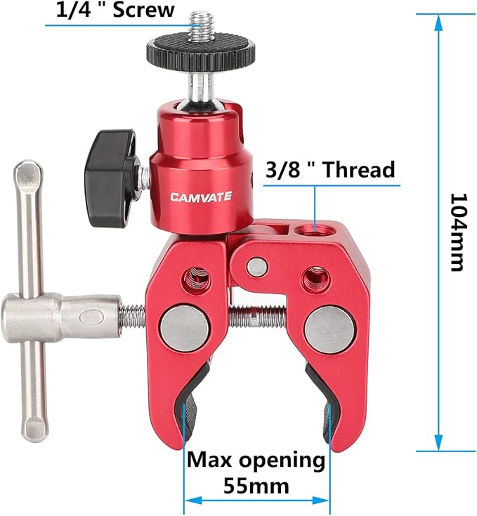 CAMVATE Crab Clamp with 1/4"-20 Mini Ball Head for Camera Monitor Mount/Red - Image 2
