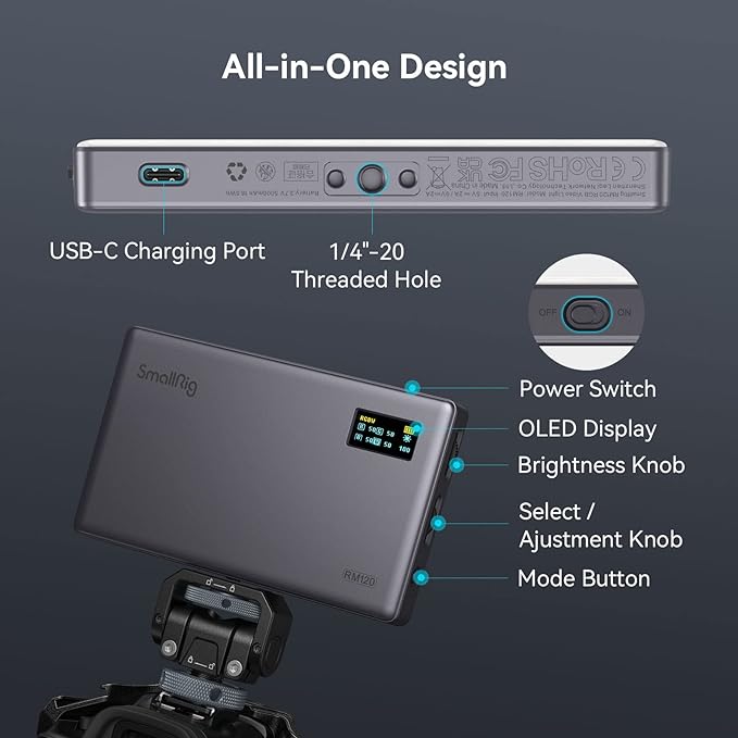 SmallRig RM120 RGB Video Light, 5000mAh 180 Minutes Portable Camera Light 7W Output Power, LED Video Light Panel, 2500-8500K CRI TLCI 98+ for TikTok, Content Creator, Photographer - Image 3
