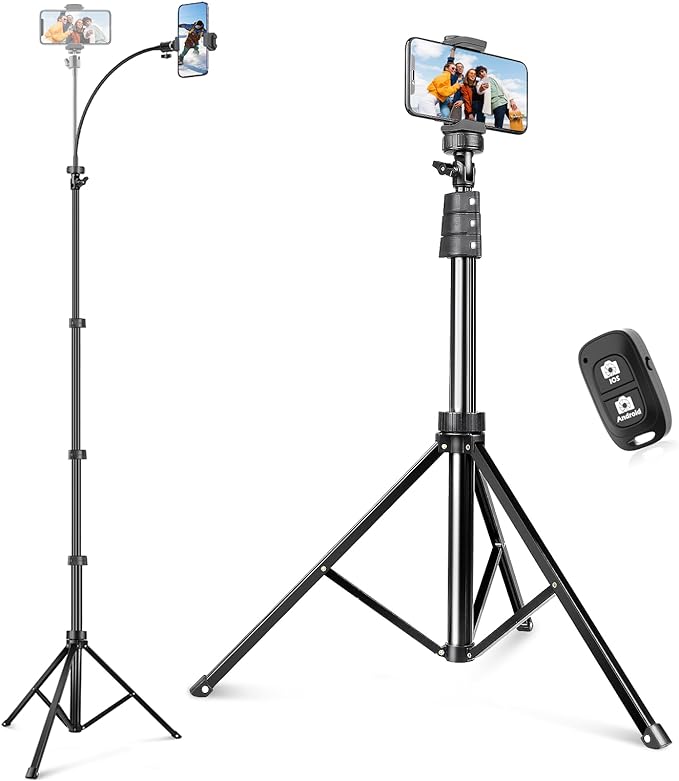 Sensyne 88" Phone Tripod, Selfie Stick Tripod with 14.95" Flexible Gooseneck, Overhead Cell Phone Stand for Video Recording, Photography, Compatible with Phone, Camera by sensyne