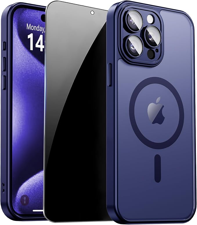 for iPhone 15 Pro Max Case with Privacy Screen Protector, Blue | Full Camera Protection, Translucent Matte Magnetic, Compatible with MagSafe, Shockproof Phone Cover, Slim Fit by ZOZDOKG