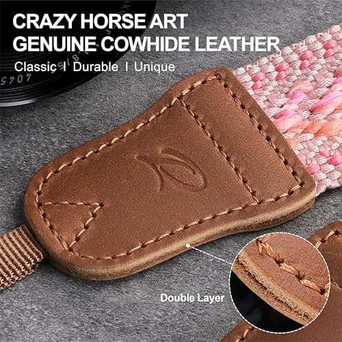 Padwa Lifestyle Speed Pink Camera Strap - 1.5" Soft Cotton Rope Weave Crazy Horse Cowhide Head Camera Straps for Photographers and All Cameras,Cute Adjustable Vintage Woven Strap for Adults & Kids - Image 2