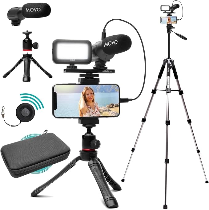 Movo iVlogger Vlogging Kit for iPhone with Fullsize Tripod - Lightning Compatible YouTube Starter Kit for Content Creators - Accessories: Tripods, Phone Mount, LED Light and Shotgun Mic by Movo