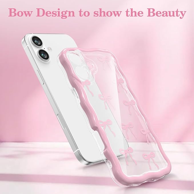 QLTYPRI for iPhone 16 Plus Pink Bow Case, Clear Cute Pink Ribbon Bow Phone Case Curly Wavy Aesthetic Phone Cover, Soft Slim Transparent TPU Shockproof Protective Cover for Women Girls - Ribbon Bow - Image 2