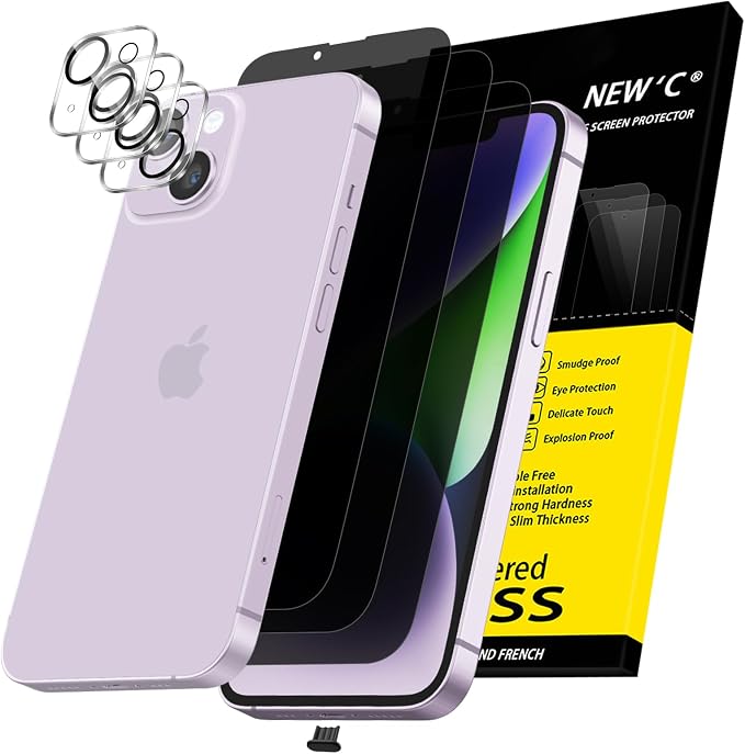 NEW'C 3x Privacy for iPhone 14 Screen Protector (6.1 inches)+ 3x Camera Lens Protector, Sensor Protection, Case Friendly Tempered Glass Film +Dust Plug - Enhanced Privacy Angle of 28 Degrees by NEWC