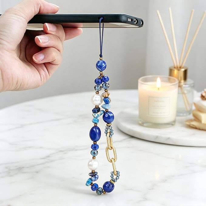 BEEFLYING Blue Beaded Phone Charm Wrist Strap for Case | Cellphone Chain Bracelet Lanyard, for Keychain Bag Camera Car Key Pendant - Image 5