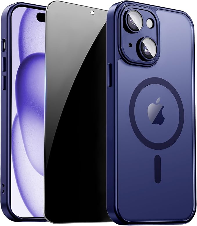 for iPhone 15 Plus Case with Privacy Screen Protector, Blue | Full Camera Protection, Translucent Matte Magnetic, Compatible with MagSafe, Shockproof Phone Cover, Slim Fit by ZOZDOKG