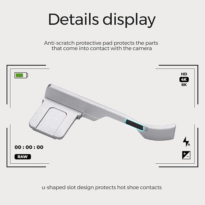 Thumb Hand Grip + Shutter Button for FUJIFILM X100VI/X100V - Silver | Aluminum thumb grip for FUJIFILM X100VI/X100V improves handling & stability, protects contacts, for street photography - Image 4