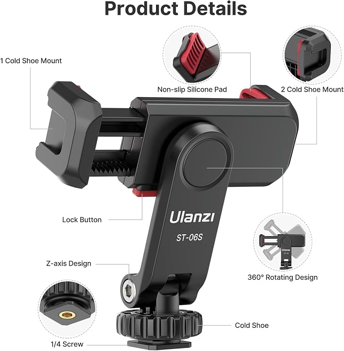 ULANZI ST-06S Phone Tripod Mount, Universal Phone Mount w 2 Cold Shoe | 1/4" Screw, 360° Rotates 180° Tilts, Adjustable Cellphone Clip Clamp Holder for Tripod, Camera, iPhone 17/16/15, Android - Image 6