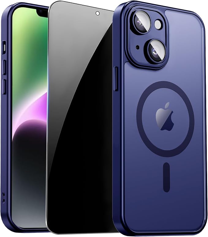 for iPhone 14 Plus Case with Privacy Screen Protector, Blue | Full Camera Protection, Translucent Matte Magnetic, Compatible with MagSafe, Shockproof Phone Cover, Slim Fit by ZOZDOKG