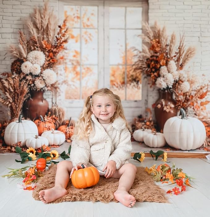 Kate Fall Photography Backdrops Autumn Harvest Pumpkin White Brick Wall Boho Theme Photography Props, 10x6.5ft - Image 3
