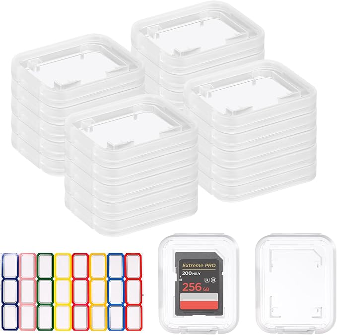 60 Pcs Clear SD Card Holder, Plastic SD Card Case with 72 Pcs Card Labels Standard SDHC SDXC Memory Cards Organizer Portable Photography Storage Accessories by ISKYBOB