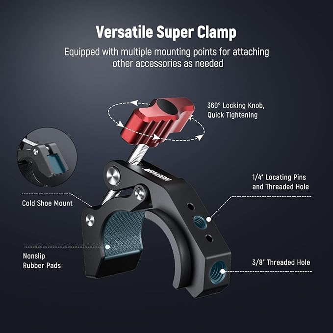 NEEWER Super Clamp with Cold Shoe & 1/4 Inch 3/8 Inch Thread Holes, ST81 | Max. Load 4 Kg, Crab Shaped Camera Tripod Holder, for Most Photo Accessories, Compatible with SmallRig Magic Arm, Red - Image 2