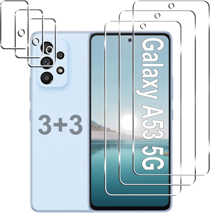 [3+3 Pack] Galaxy A53 5G Screen Protector + Camera Lens Protector, HD Tempered Glass Film, 9H Hardness, Scratch Resistant, Easy Installation, Bubble Free, Screen Protector for Samsung Galaxy A53 5G by Gliansen