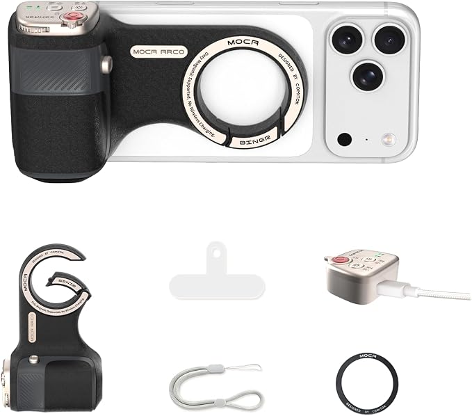 Upgraded Mag-Safe Magnetic Camera Handle Grip with Extended Magnetic Phone Mount with Carabiner & Thumb Rest, Detachable Rechargeable Shutter Remote Compatible with iPhone Pro Max for Video Calls/TK by COMITOK