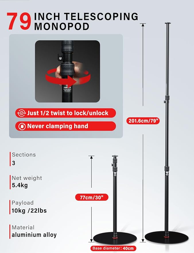 IFOOTAGE A400 Round Base Monopod Light Stand 79" Aluminum | Tripod Camera Floor Stand with 1/4" & 3/8" Screw Light Adapter for Camera Light Webcam Backdrop, Payload 22lb - Image 6