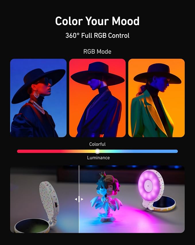 TELESIN Magnetic Selfie Light for iPhone Magsafe and Android | 360° Rotating Full Color RGB Phone Light with Mirror & Stand, LED Selfie Ring Fill Light for Pictures, TikTok, Vlog, Makeup - Image 5