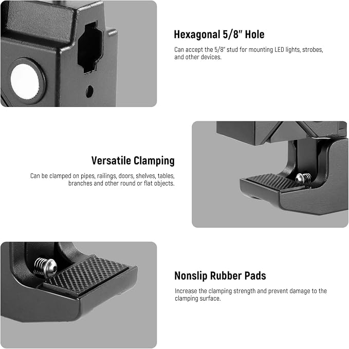 NEEWER Super Clamp with 5/8" Stud, Spring Lock, 2.4"/6cm Jaw Grip Heavy Duty Crab Pole Clamp for Round Pipe Flat Surface, for Photography Studio Camera & Lighting Mounting, Max Load 33lb/15kg, UA017 | Heavy Duty Crab Pole Clamp, for Round Pipe Flat Sur... - Image 8