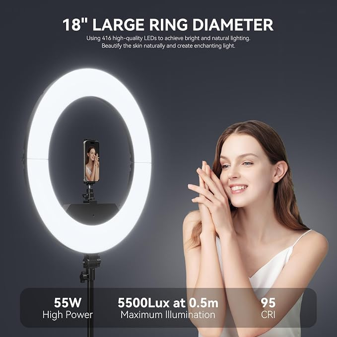 18 Inch Ring Light Kit, 55W6700k Dimmable LED Light, Tripod Stand, Remote Controller,Box,CRI95,Black - Image 3
