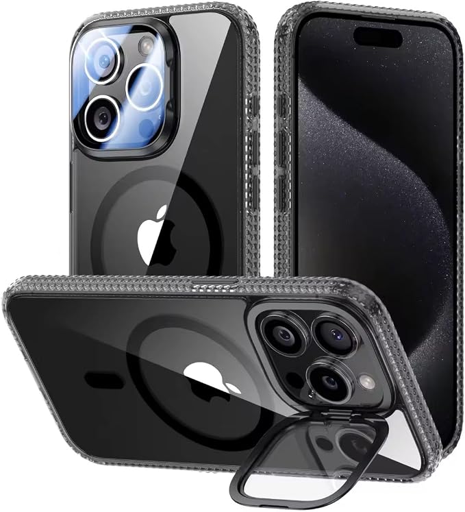 VOFATA [Upgraded] for iPhone 15 Pro Max Case with Camera Cover Stand [Fit for MagSafe][9H Camera Lens Protector] Mil-Grade Protection Transparent Magnetic iPhone 15 Pro Max Phone Case, Clear Black by VOFATA