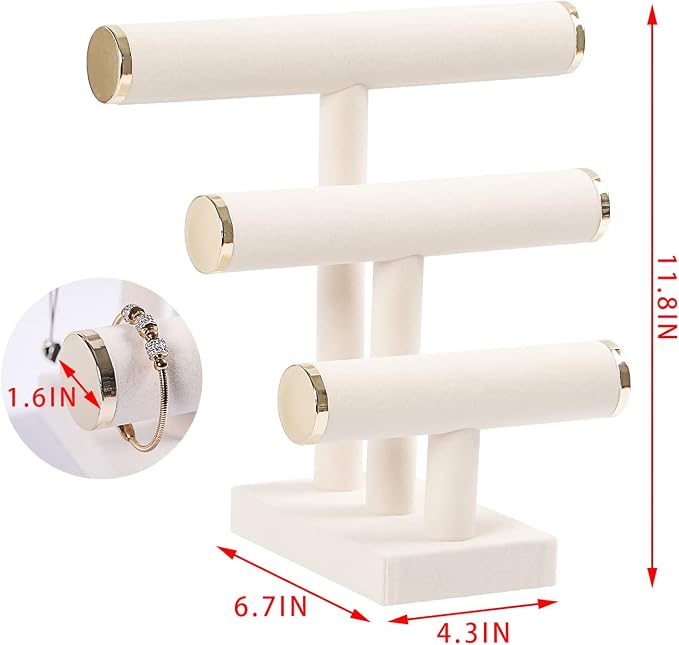 3 Tier Bracelet Holder,Bracelet Display Stand with Metal Cap,Beige White Velvet Jewelry Organizer Displays for Necklace Scrunchies Watches Hair Ties. (Pack of 2) - Image 5