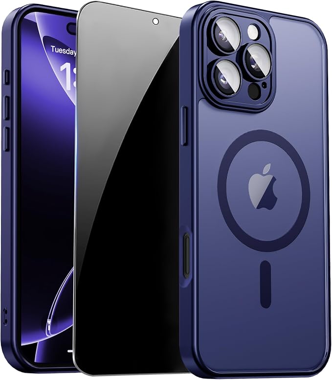 for iPhone 16 Pro Case with Privacy Screen Protector, Blue | Full Camera Protection, Matte Translucent, Magnetic, Compatible with MagSafe, Shockproof Phone Cover for iPhone 16 Pro by ZOZDOKG