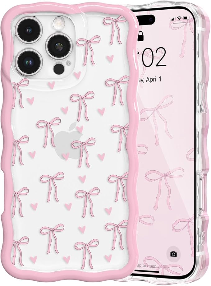 QLTYPRI for iPhone 14 Pro Pink Bow Case, Clear Cute Pink Ribbon Bow Phone Case Curly Wavy Aesthetic Phone Cover, Soft Slim Transparent TPU Shockproof Protective Cover for Women Girls - Love Bow by QLTYPRI