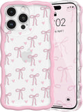 QLTYPRI for iPhone 14 Pro Pink Bow Case, Clear Cute Pink Ribbon Bow Phone Case Curly Wavy Aesthetic Phone Cover, Soft Slim Transparent TPU Shockproof Protective Cover for Women Girls - Love Bow by QLTYPRI
